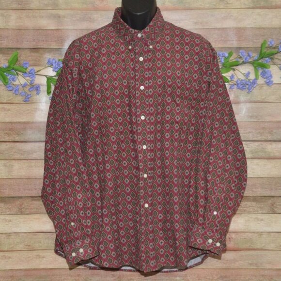 VTG Cambridge Mens XXL Maroon Burgundy Corduroy Geometric Print Button Up Preppy - Picture 1 of 8